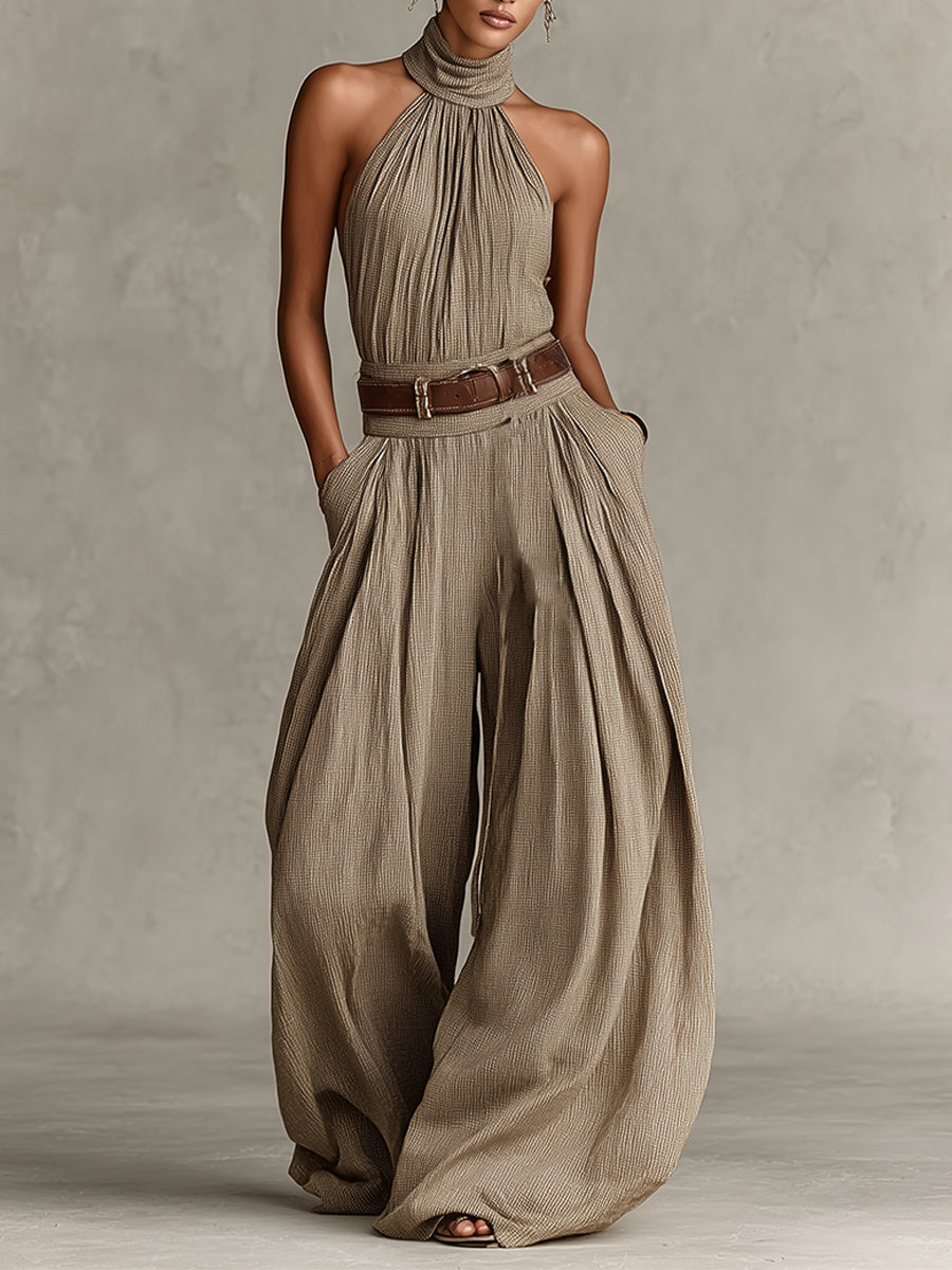 Caterina | Taupe Wide-Leg Jumpsuit with Halter Neck in Boho Style