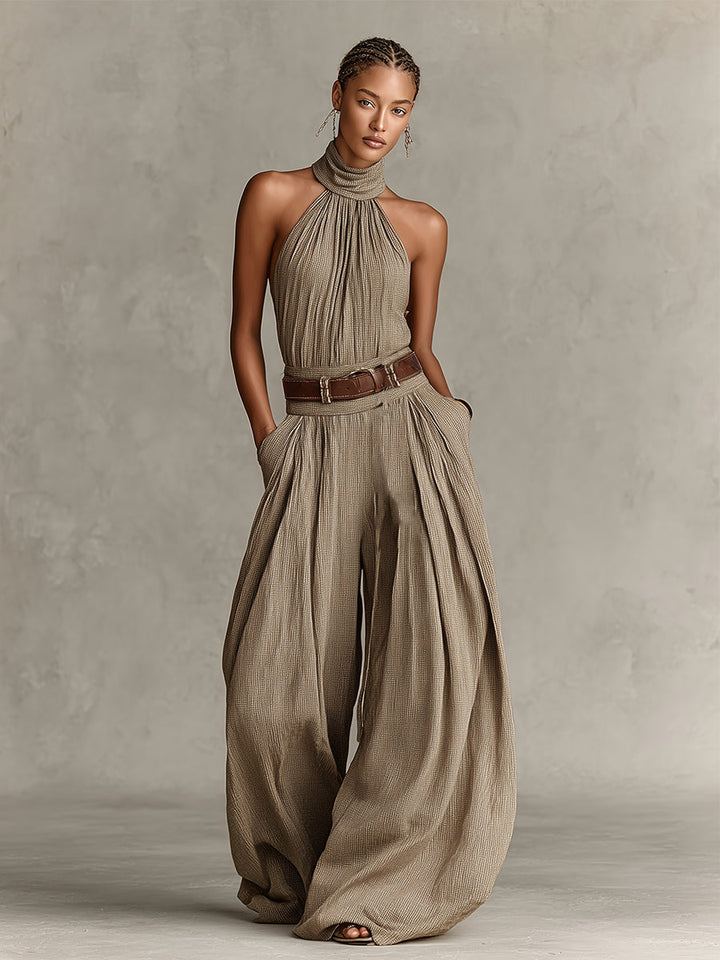 Caterina | Taupe Wide-Leg Jumpsuit with Halter Neck in Boho Style