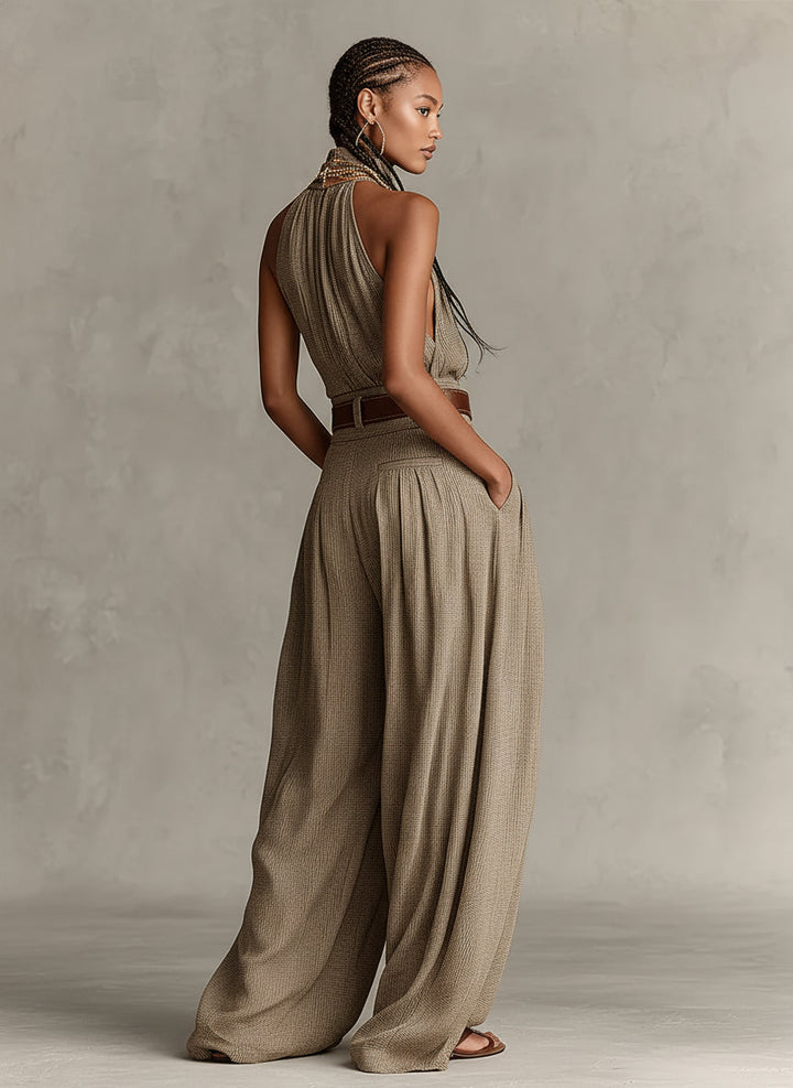 Caterina | Taupe Wide-Leg Jumpsuit with Halter Neck in Boho Style