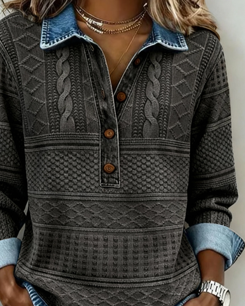 Trendy Sweatshirt with Half Button and Collar
