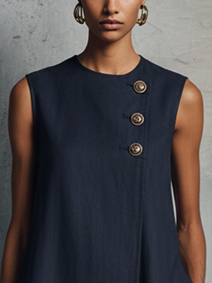 Navy Asymmetrical Gold-Button Linen-Blend Mini Dress