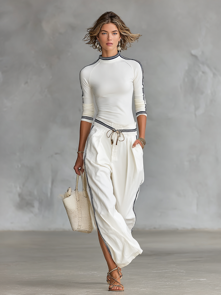HALO | High-Neck Striped Trim Top Drawstring Wide-Leg Pants Set