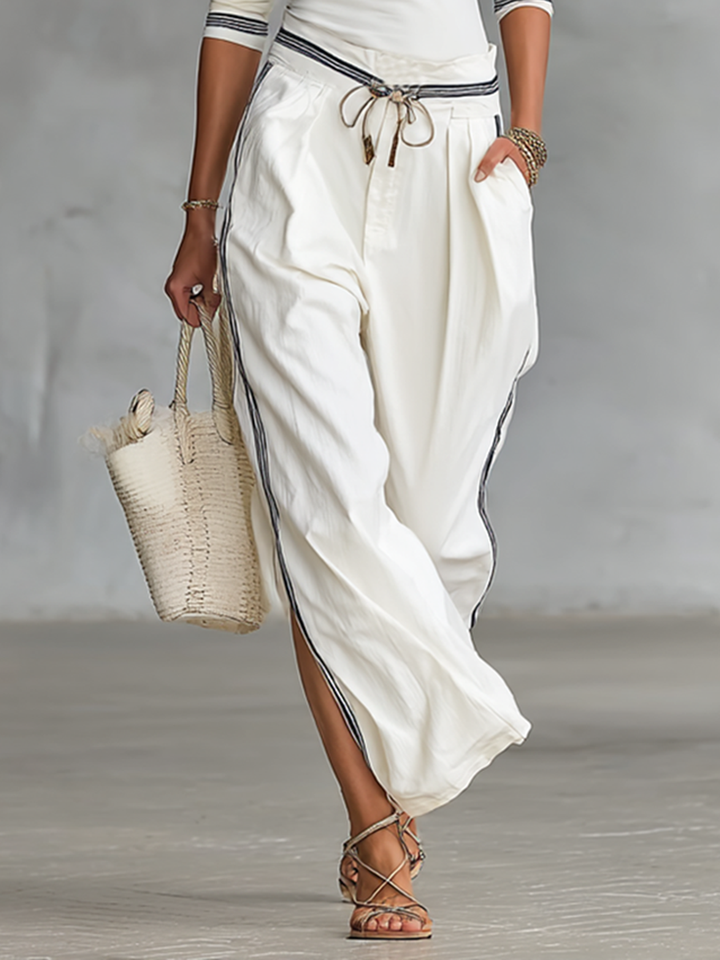 HALO | High-Neck Striped Trim Top Drawstring Wide-Leg Pants Set