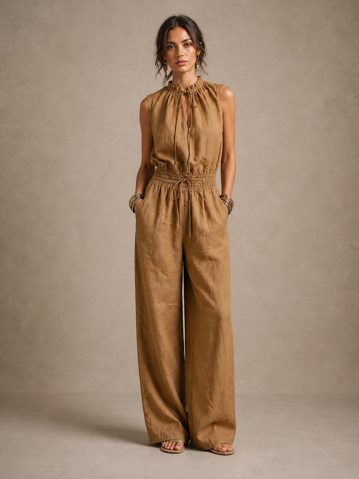 Zenaide | Camel Jumpsuit with a Tied High Neck and Wide Legs