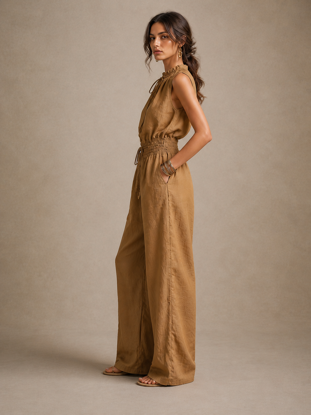 Zenaide | Camel Jumpsuit with a Tied High Neck and Wide Legs