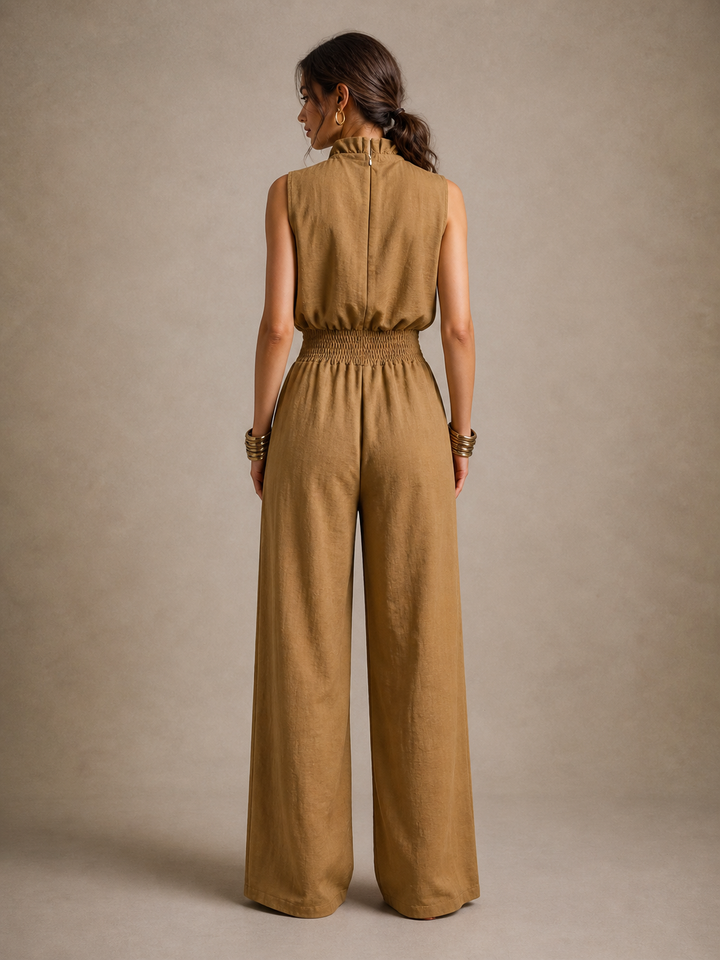 Zenaide | Camel Jumpsuit with a Tied High Neck and Wide Legs