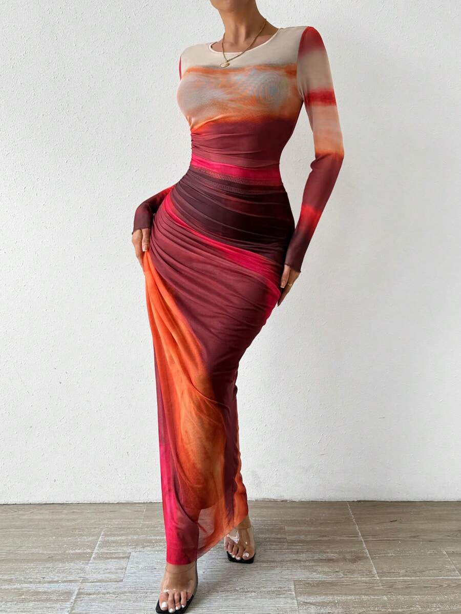 Tyronia – Printed Long Sleeve Bodycon Maxi Dress