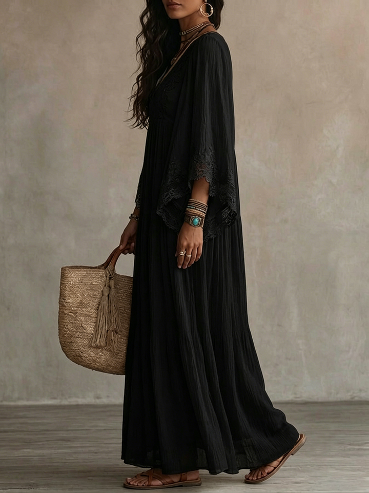 Ambra | Black Maxi Dress with V-Neck and Batwing Sleeves