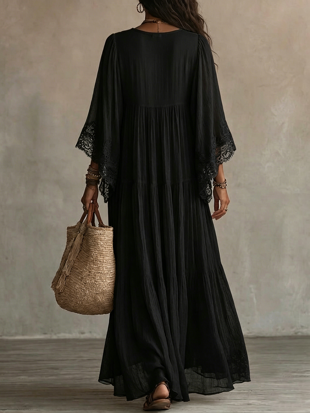 Ambra | Black Maxi Dress with V-Neck and Batwing Sleeves