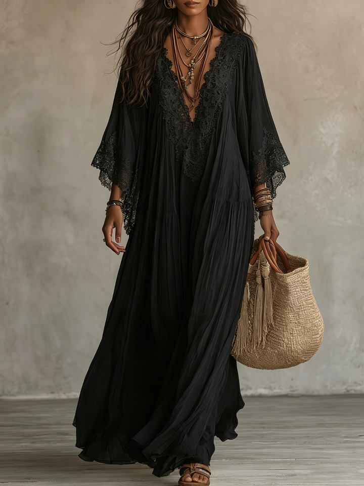 Ambra | Black Maxi Dress with V-Neck and Batwing Sleeves