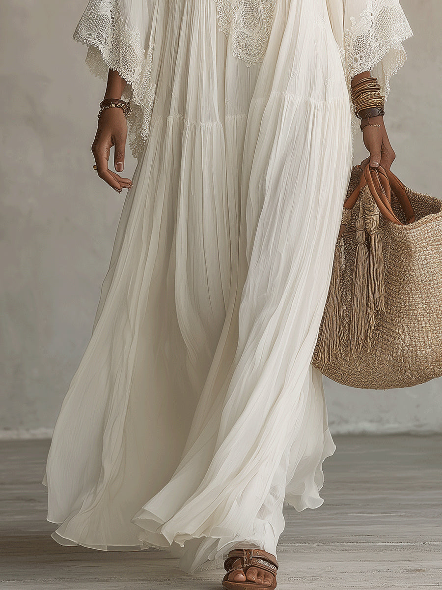 Celeste | Ivory Chiffon Maxi Dress with Batwing Sleeves and White Lace