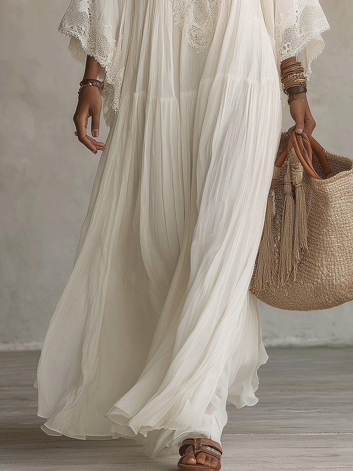 Celeste | Ivory Chiffon Maxi Dress with Batwing Sleeves and White Lace