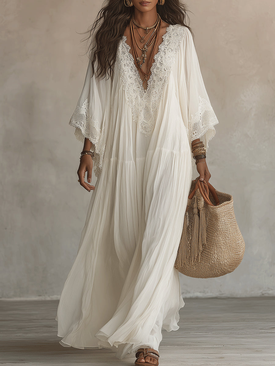 Celeste | Ivory Chiffon Maxi Dress with Batwing Sleeves and White Lace