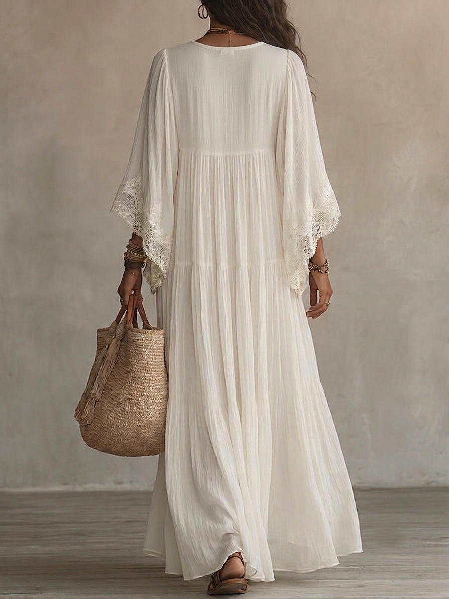Celeste | Ivory Chiffon Maxi Dress with Batwing Sleeves and White Lace