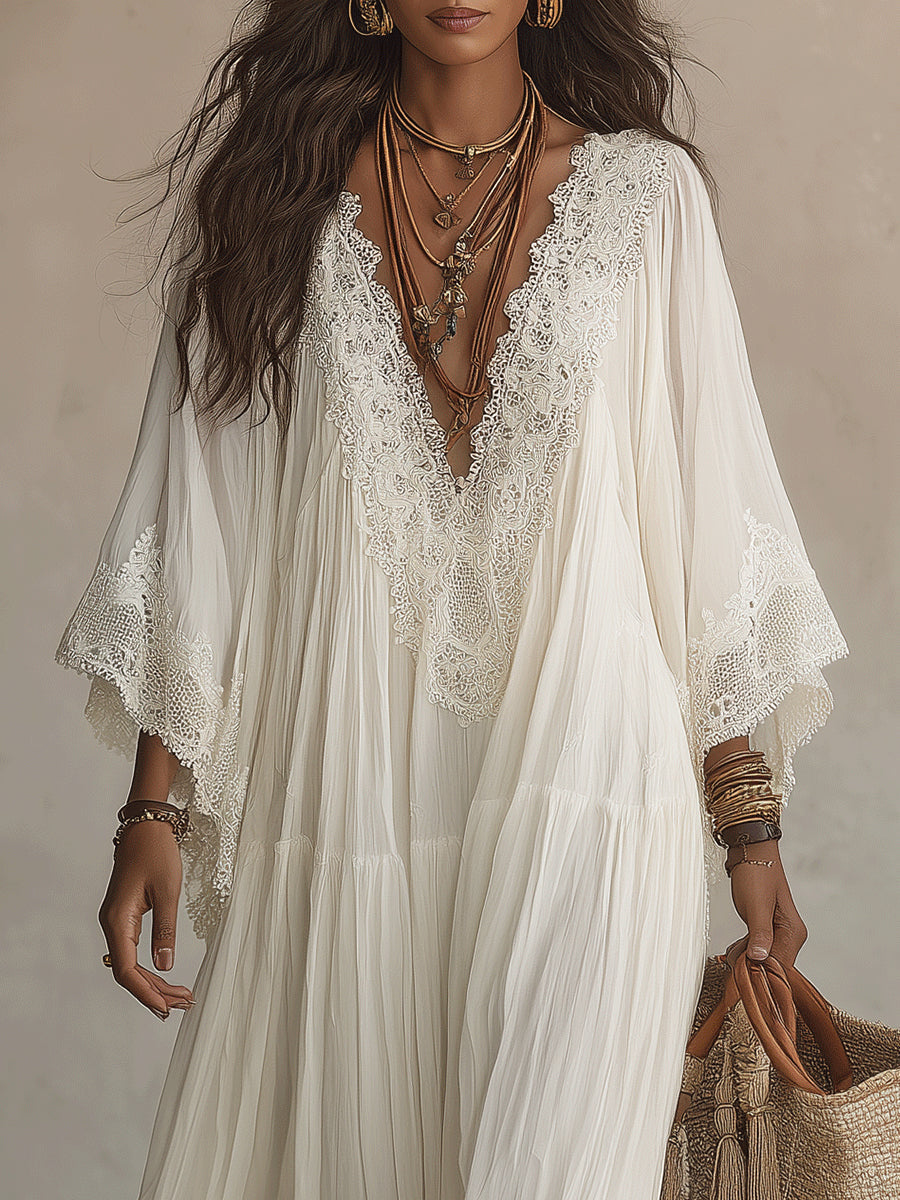 Celeste | Ivory Chiffon Maxi Dress with Batwing Sleeves and White Lace