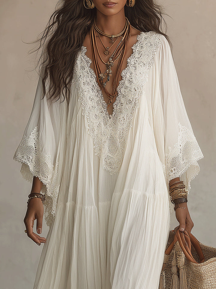 Celeste | Ivory Chiffon Maxi Dress with Batwing Sleeves and White Lace