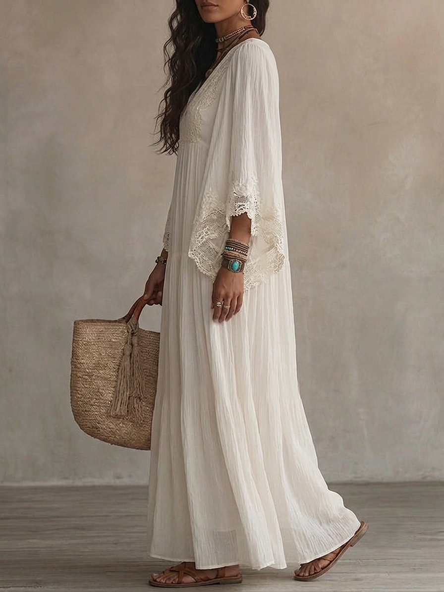 Celeste | Ivory Chiffon Maxi Dress with Batwing Sleeves and White Lace