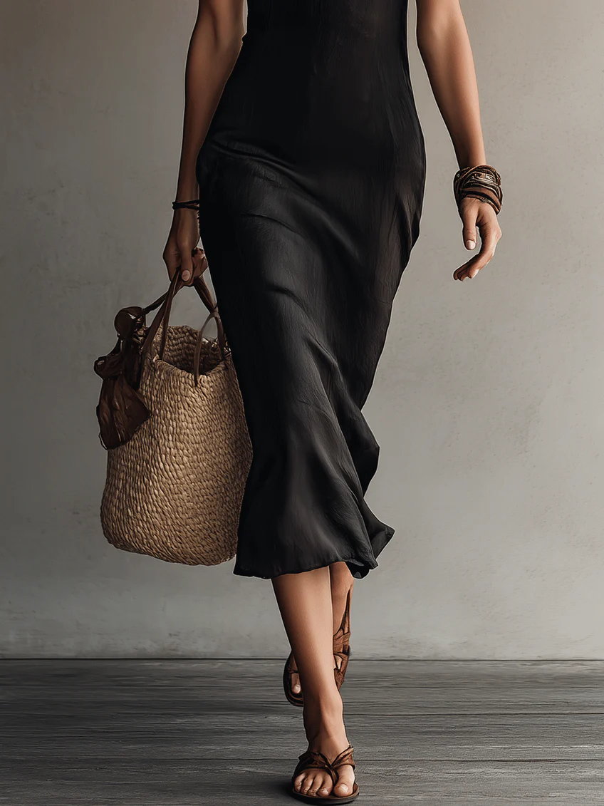 Adriana | Black Sleeveless Midi Dress with V-Neck and Lace Trim