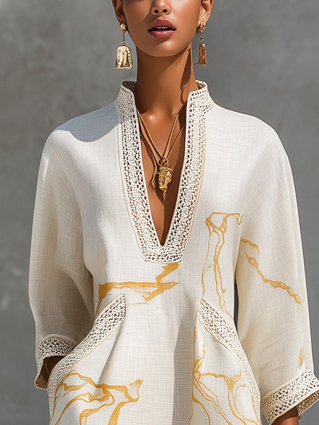 Aliénor | Ivory Crochet Lace Mini Dress with Gold Detailing and V-Neckline