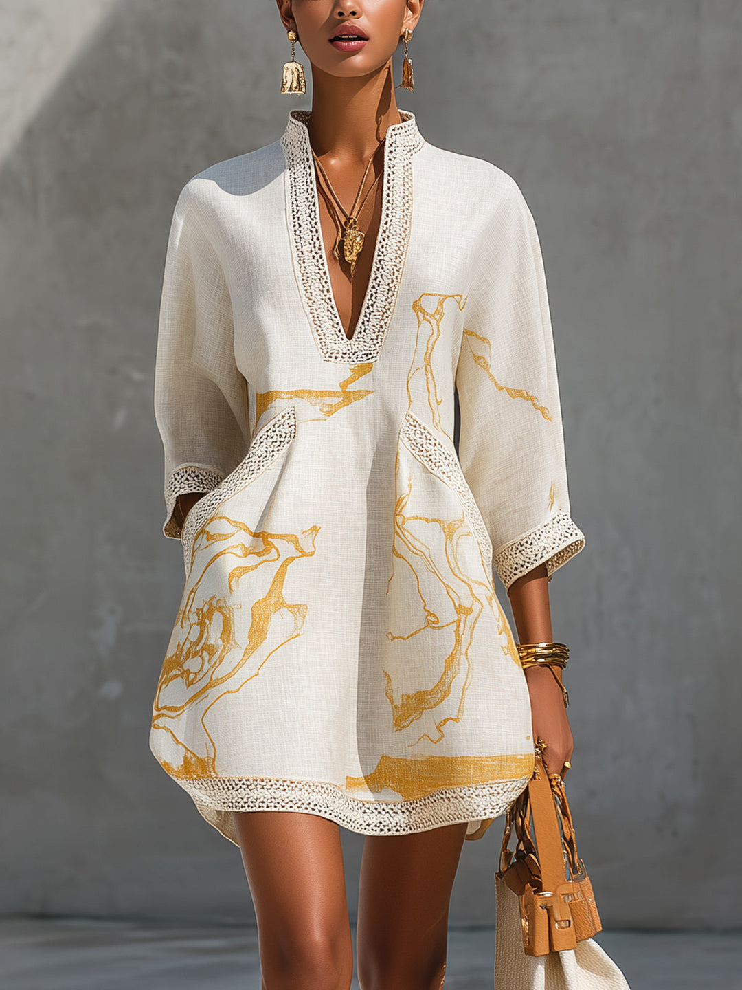 Aliénor | Ivory Crochet Lace Mini Dress with Gold Detailing and V-Neckline