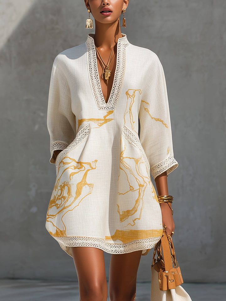 Aliénor | Ivory Crochet Lace Mini Dress with Gold Detailing and V-Neckline