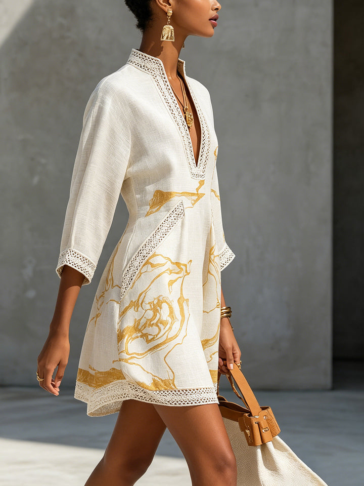Aliénor | Ivory Crochet Lace Mini Dress with Gold Detailing and V-Neckline