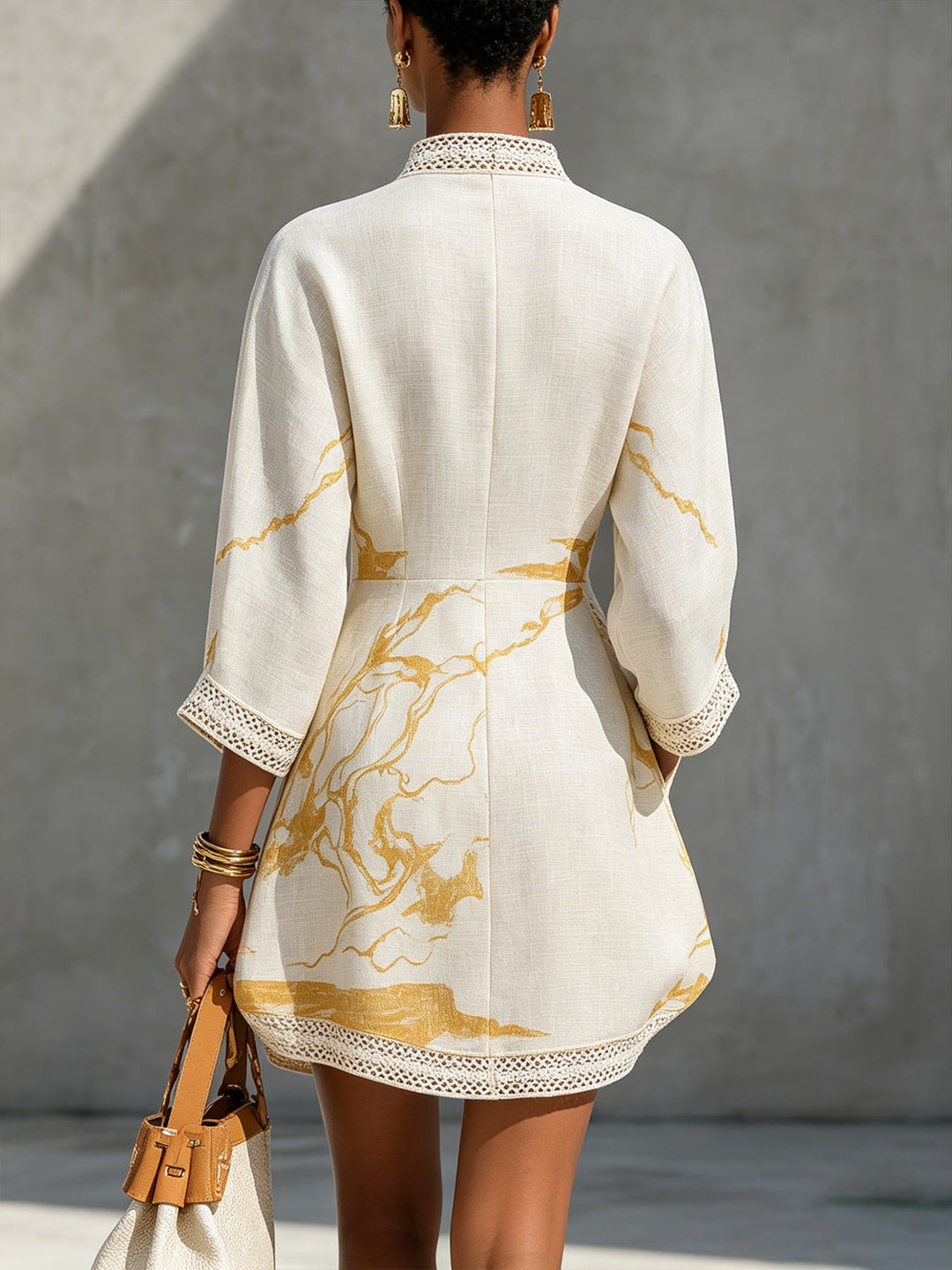 Aliénor | Ivory Crochet Lace Mini Dress with Gold Detailing and V-Neckline