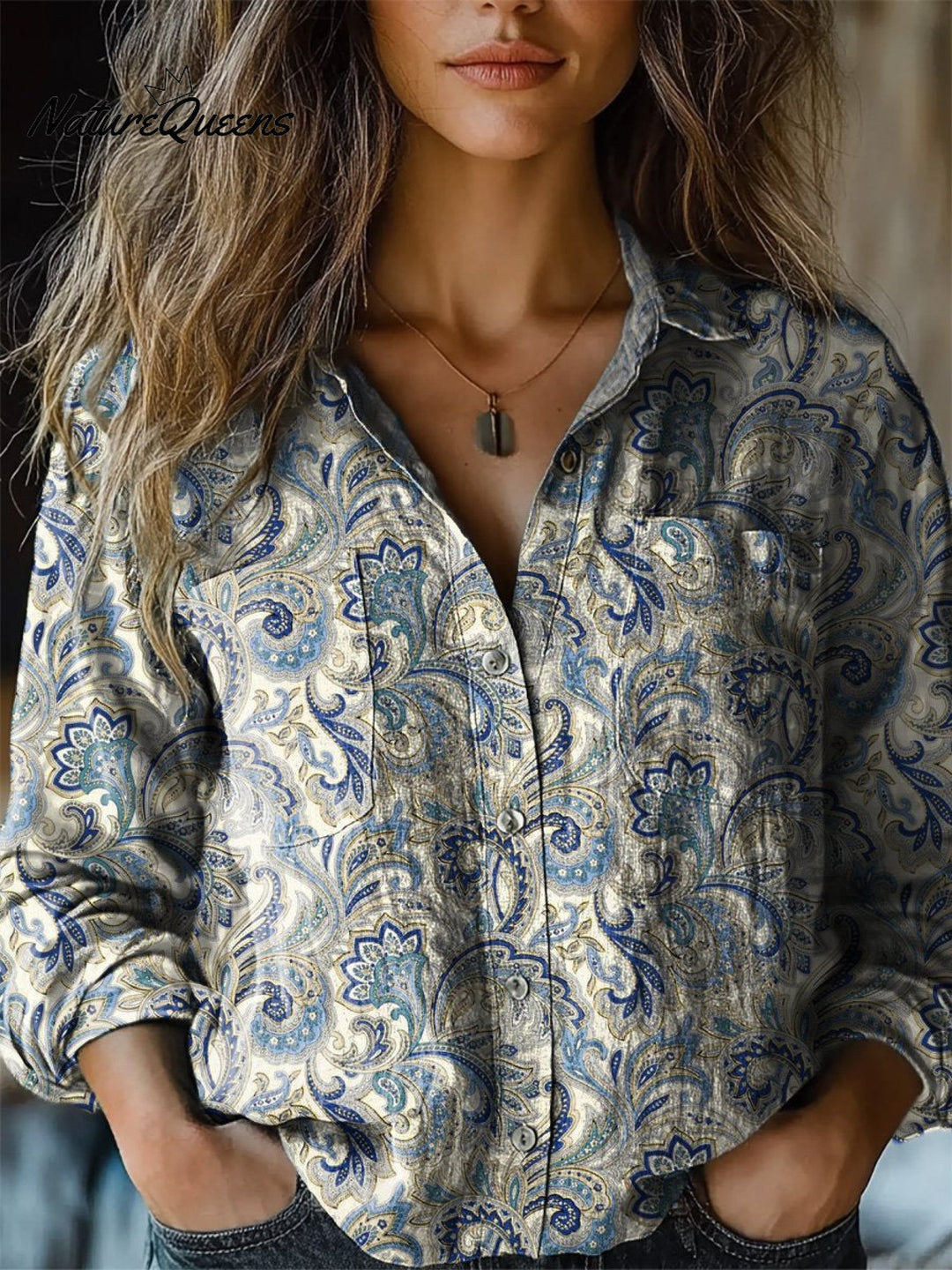 Vintage Floral Pattern Printed Women's Casual Long Sleeve Comfortable Cotton Shirt