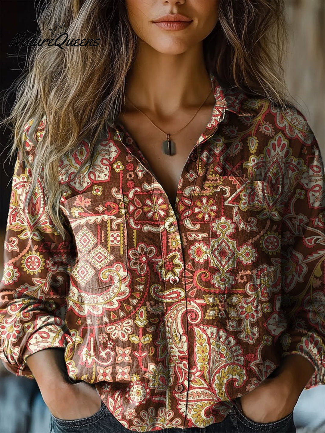 Women's Vintage Ethnic Flower Print Casual Long Sleeve Comfortable Cotton Shirt
