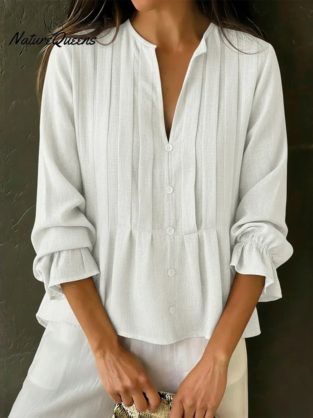 Women's Solid Color Cotton And Linen Pleated Top